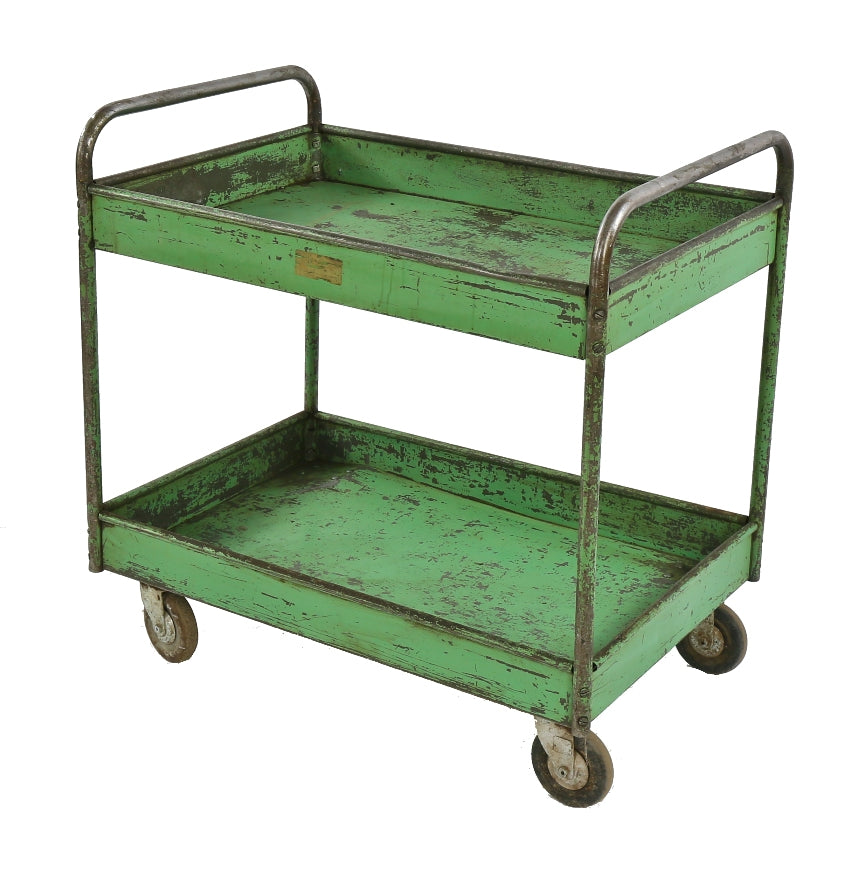 original c. 1940's american industrial salvaged chicago factory machine shop mobile two-tier cart with factory green enameled finish