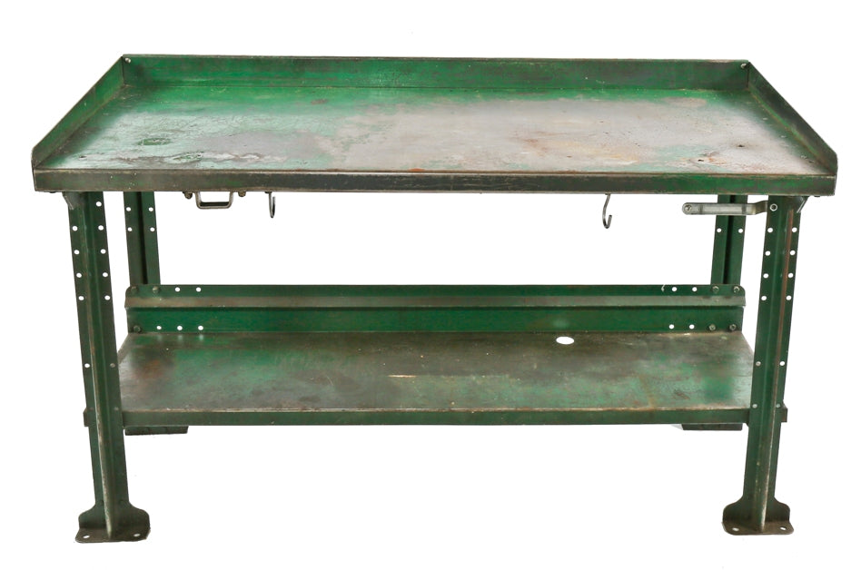 original c. 1940's nicely aged weathered and worn green paint angled iron pollard brothers factory machine shop workbench with rail guard