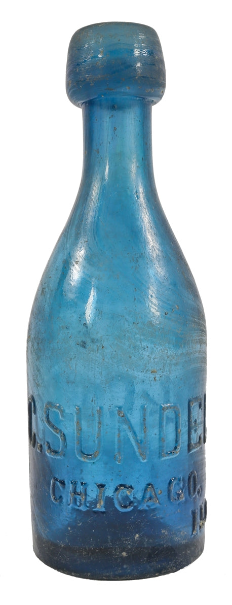 all original late 1850's hard to find long neck iron-pontiled light blue glass "c. sundell & co." soda and/or mineral water bottle unearthed in downtown chicago