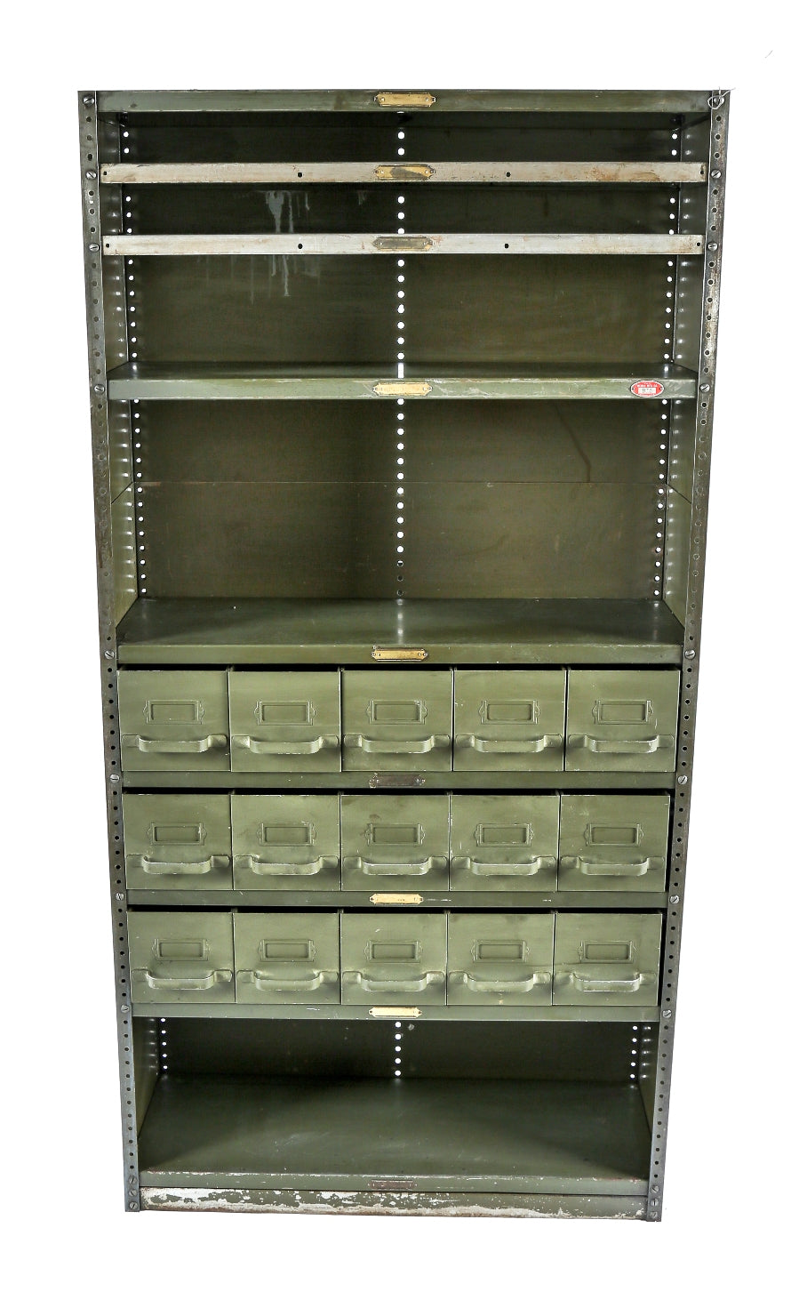 dark olive green enameled freestanding pressed and folded heavy gauge steel salvaged chicago factory shelving cabinet with multiple pull-out drawers