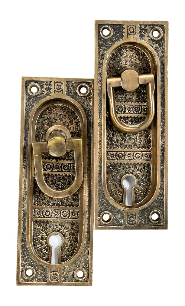 rare 19th century ornamental cast bronze "ivy" pattern interior residential pocket or sliding door handles with unique drop handles