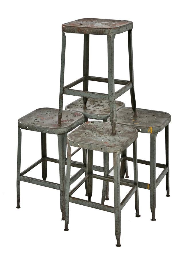 group of five matching c. 1950's gunship gray enameled salvaged chicago factory pressed and folded steel lyon stools with nicely aged patina