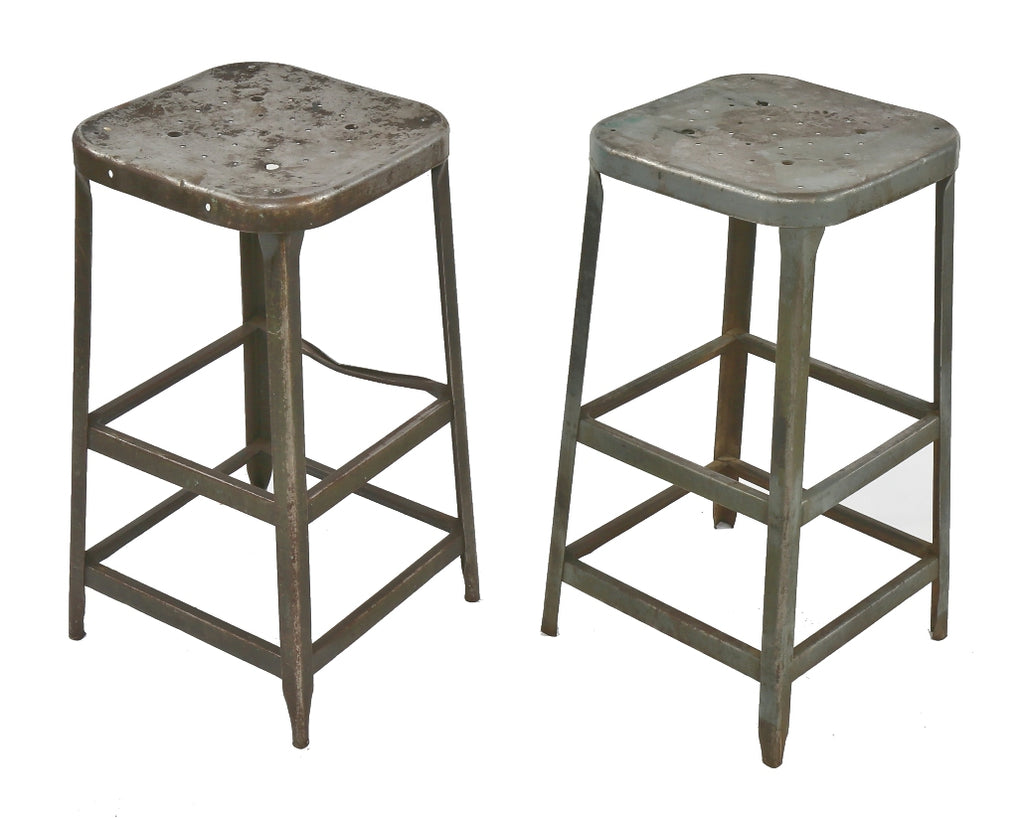 two matching c. 1950's gunship gray enameled salvaged chicago factory pressed and folded steel lyon stools with nicely aged patina