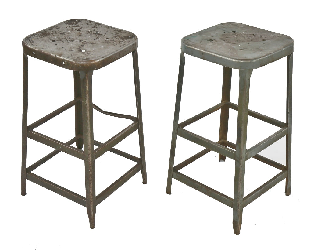 two matching c. 1950's gunship gray enameled salvaged chicago factory pressed and folded steel lyon stools with nicely aged patina