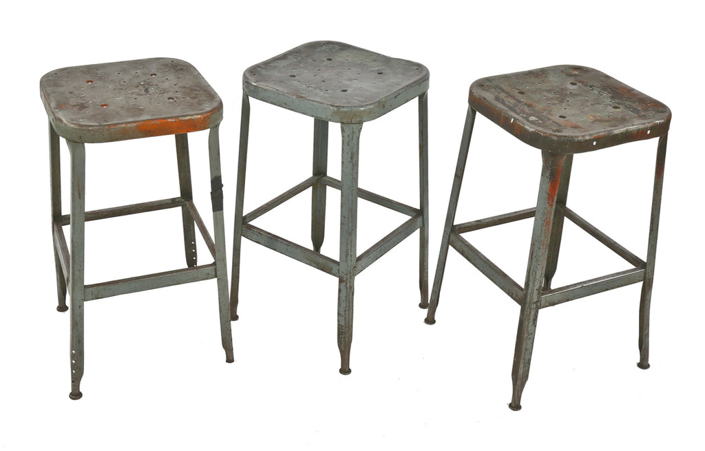 group of matching c. 1950's reinforced gunship gray enameled salvaged chicago factory pressed and folded steel lyon stools with nicely aged patina