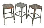 group of matching c. 1950's reinforced gunship gray enameled salvaged chicago factory pressed and folded steel lyon stools with nicely aged patina