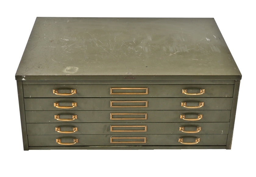 all original and intact c. 1940's vintage american industrial "steel age" olive green enameled steel flat file cabinet with intact brass handles and placards