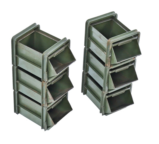 matching lot of six original single-sided vintage american industrial reinforced heavy gauge riveted joint green enameled metal "hopper" boxes or bins