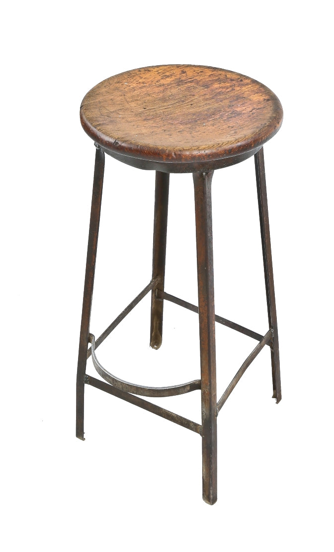backless 1940's pollard brothers four-legged riveted and welded steel adjustable height factory stool with original solid maple wood seat