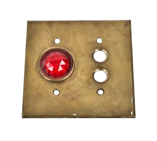 original c. 1920's original and intact flush mount masonic temple push button switch plate with intact richly colored ruby red faceted glass indicator light