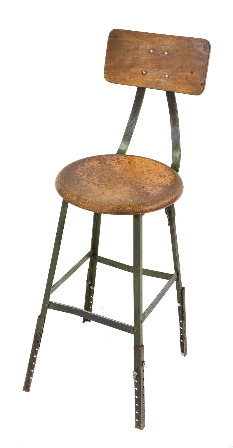 all original 1940's pollard brothers four-legged riveted and welded steel adjustable height factory stool with original olive green enameled finish