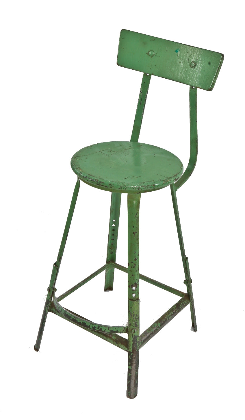 single original and intact c. 1930's nicely worn green enameled salvaged chicago factory pressed and folded steel lyon stool with footrest