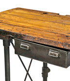 lightly refinished oversized 1930's depression era zim factory machine shop table or workbench with nicely weathered wood top and tubular cast iron bases
