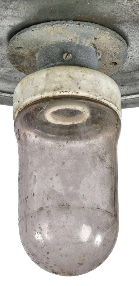 single all original c. 1920's intact salvaged chicago cast iron and ceramic "unilet" boiler room wall or ceiling explosion proof fixture with threaded glass globe