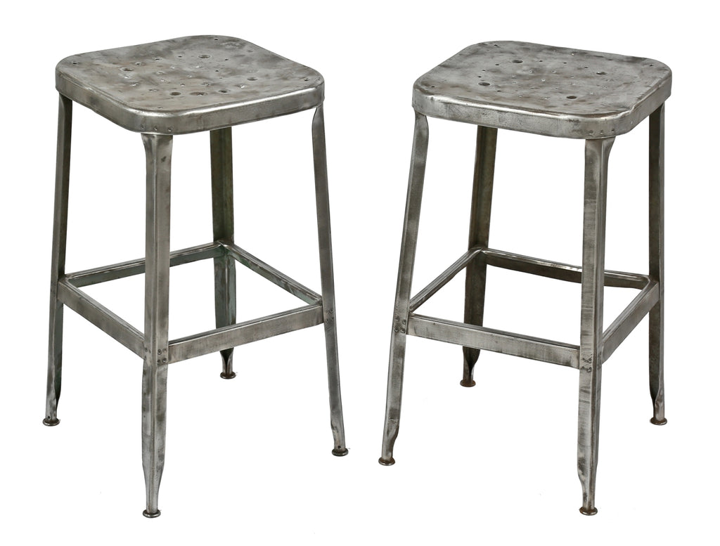pair of matching refinished brushed metal c. 1950's salvaged chicago factory pressed and folded steel lyon stools with clear coat finish
