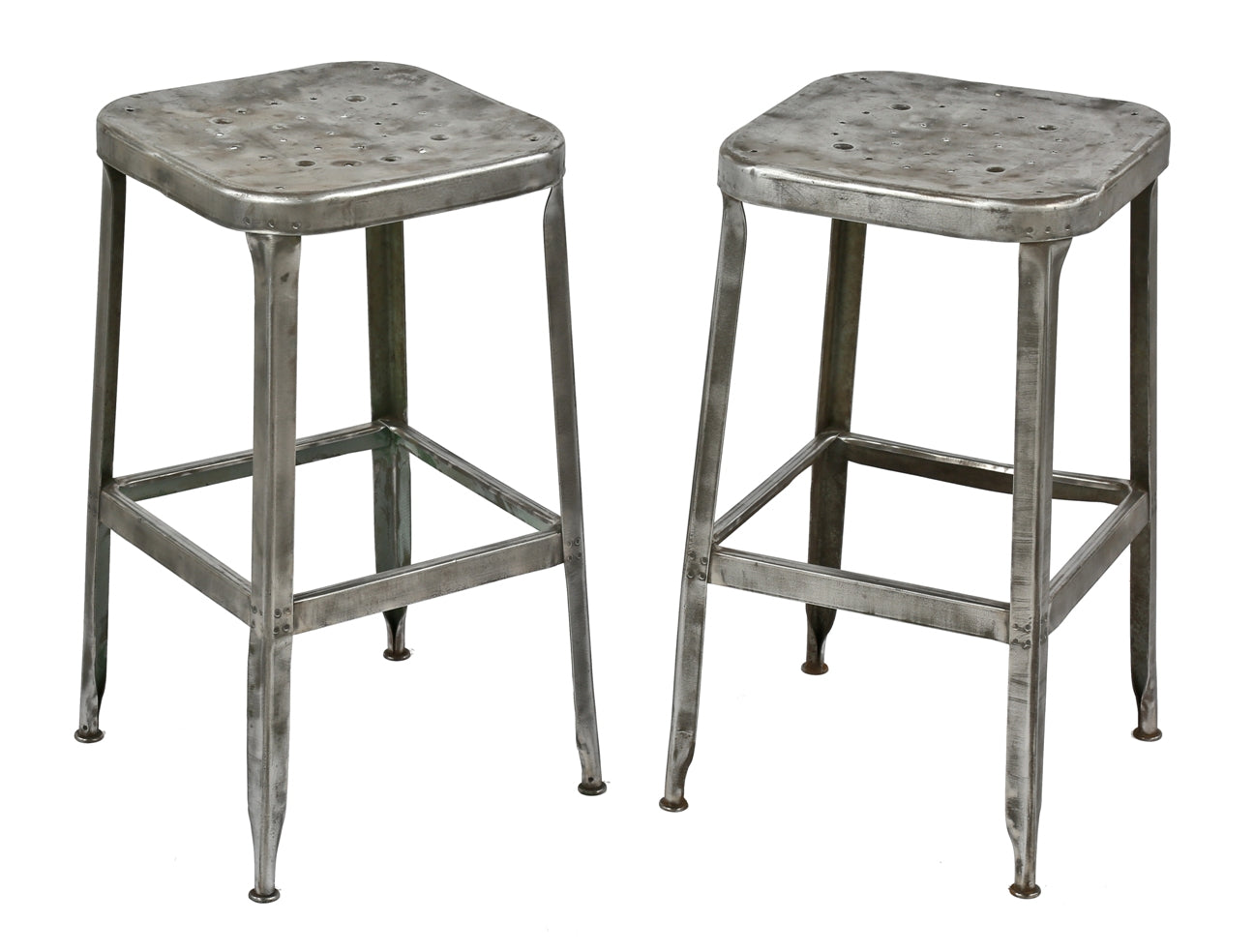 pair of matching refinished brushed metal c. 1950's salvaged chicago factory pressed and folded steel lyon stools with clear coat finish