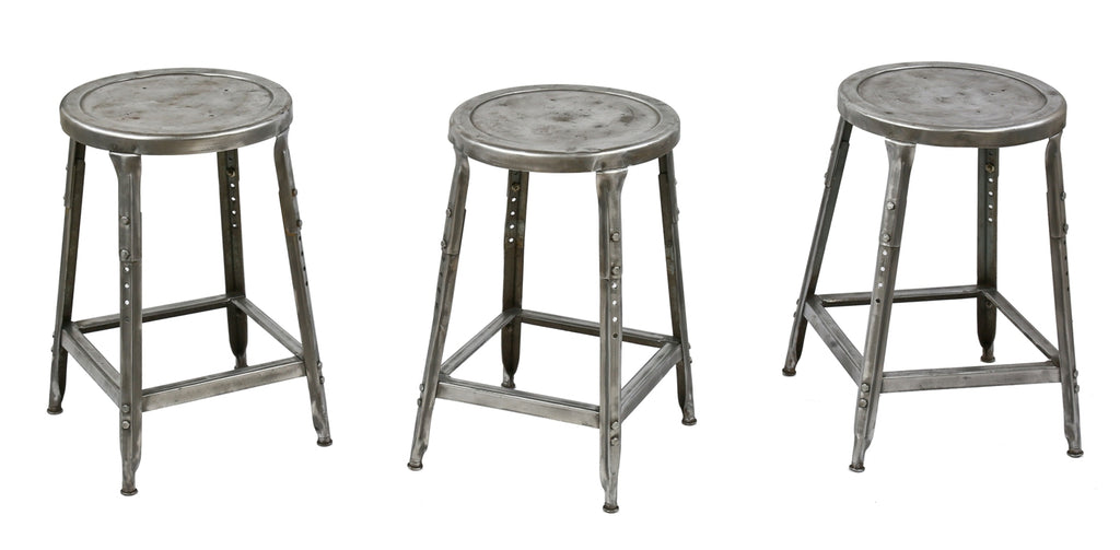 group of three matching refinished brushed metal c. 1950's salvaged chicago adjustable height factory pressed and folded steel lyon stools with clear coat finish