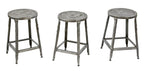 group of three matching refinished brushed metal c. 1950's salvaged chicago adjustable height factory pressed and folded steel lyon stools with clear coat finish