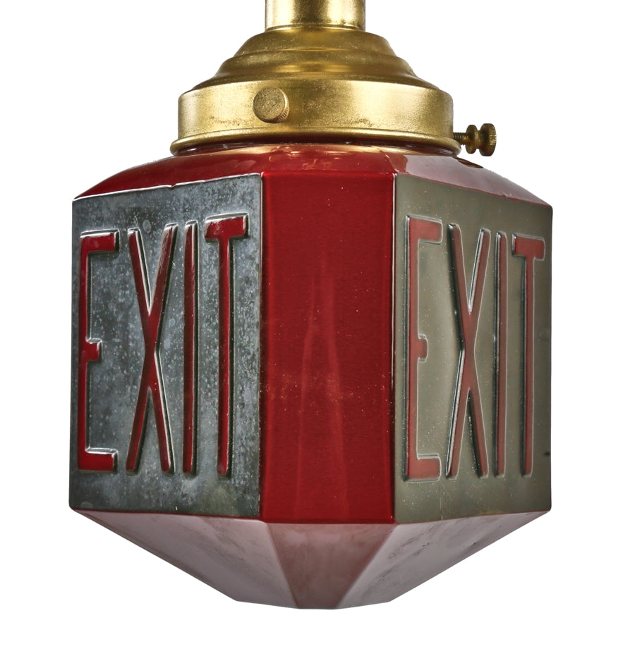 completely intact c. 1930's antique american three-sided richly colored ruby red and black embossed theater exit globe with fitter and canopy