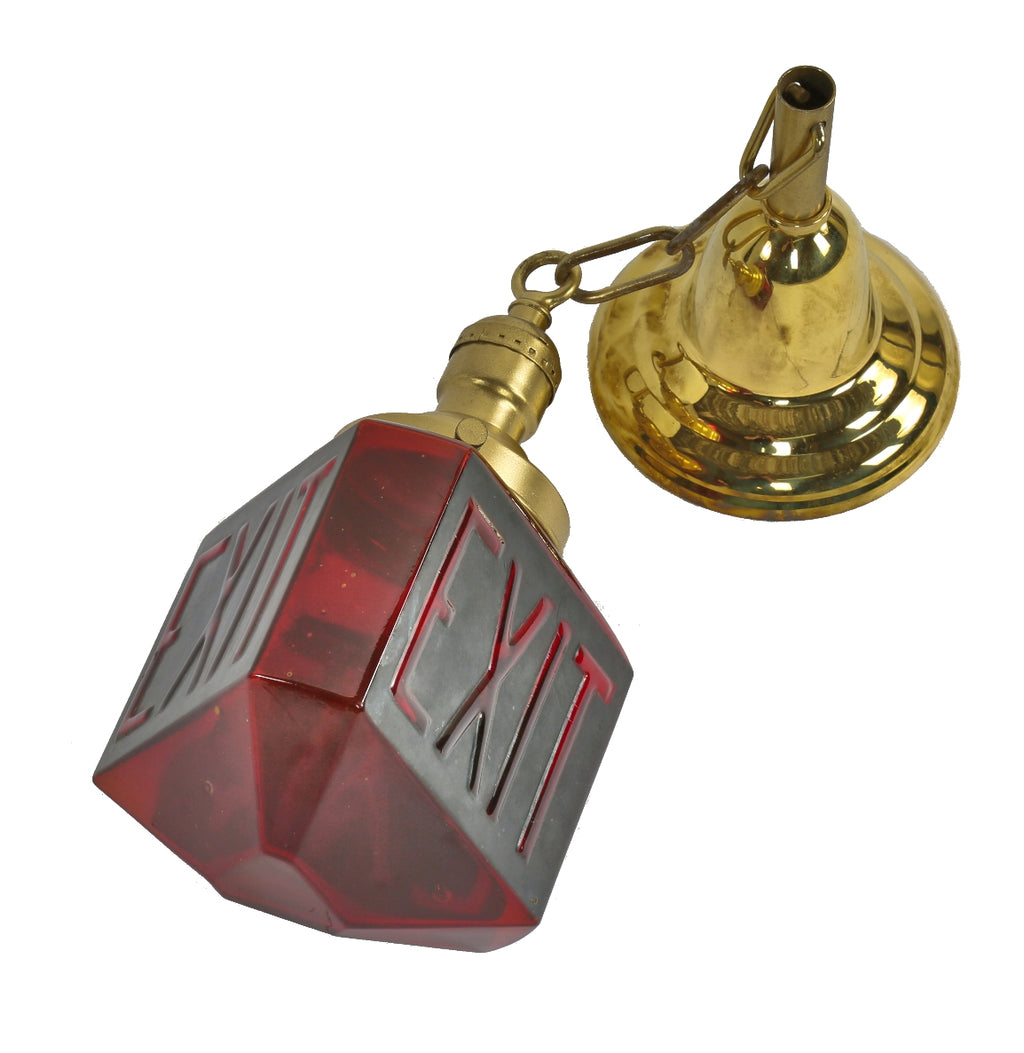 one of two matching intact c. 1930's antique american three-sided richly colored ruby red and black embossed theater exit globe with fitter and canopy