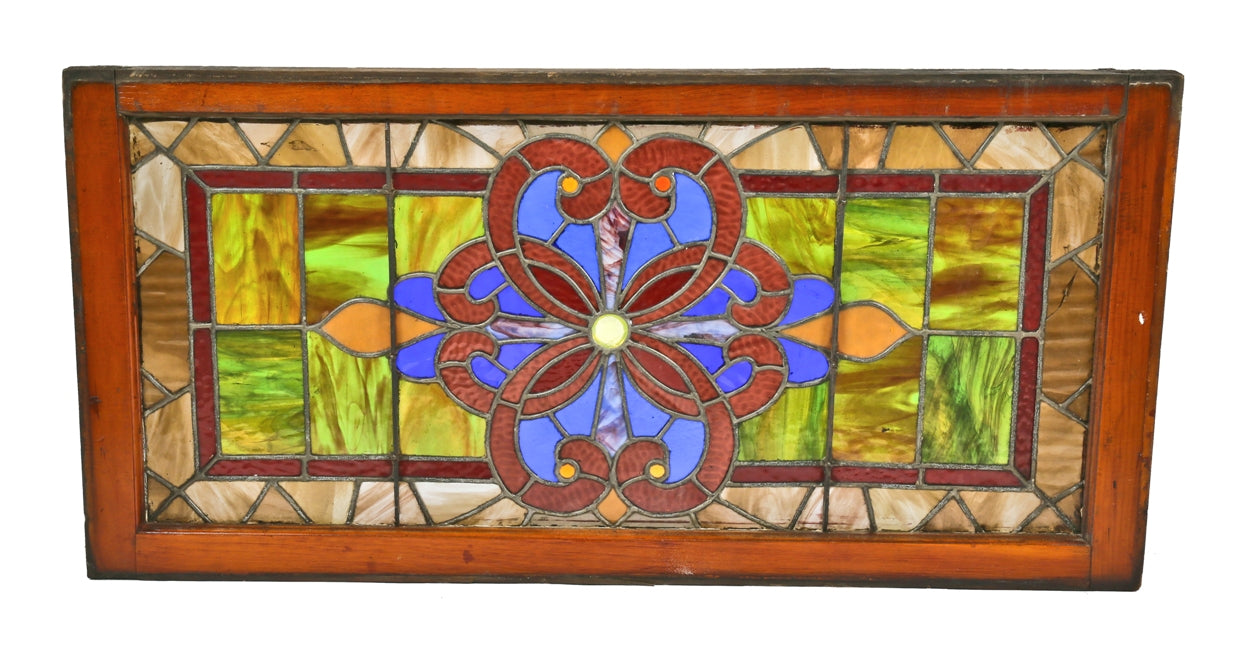 late 19th century richly colored american victorian era salvaged chicago residential stained glass transom window accentuated with jewels