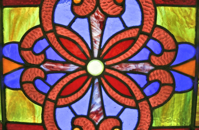 late 19th century richly colored american victorian era salvaged chicago residential stained glass transom window accentuated with jewels