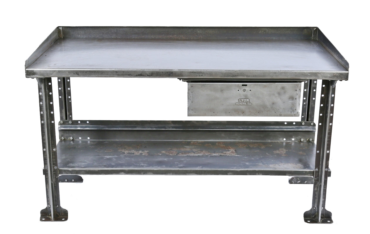 original c. 1950's american vintage salvaged chicago refinished brushed metal four-legged factory factory workbench or table with single pull-out drawer