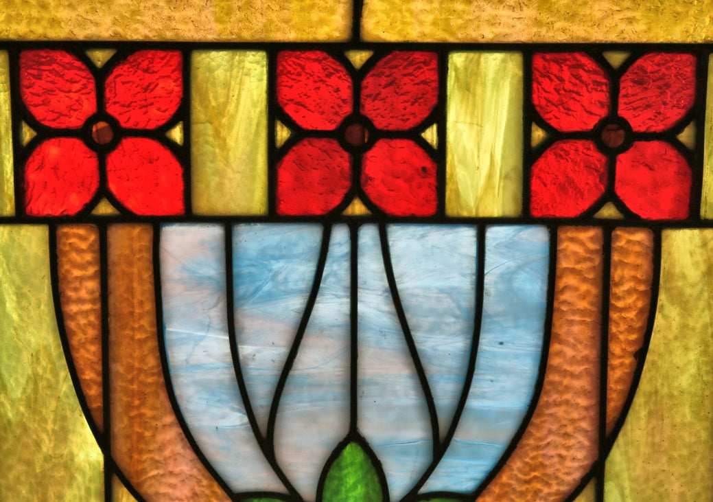 original and intact richly colored c. 1917 interior residential variegated stained glass chicago bungalow windows featuring abstract floral motifs