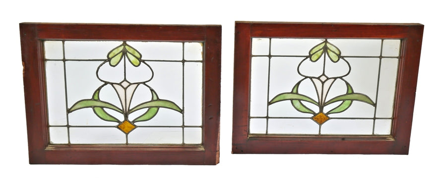 pair of original early 20th century salvaged chicago interior residential leaded art glass windows featuring green and white abstract floral motifs