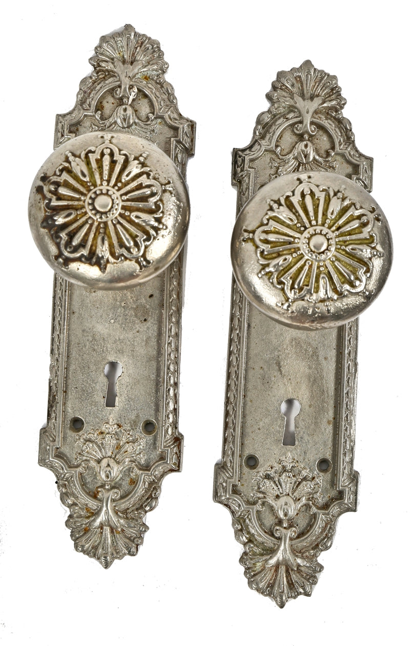 c. 1900's ornamental cast iron "ontario" pattern salvaged chicago entrance door knobs and matching oversized backplates or escutcheons