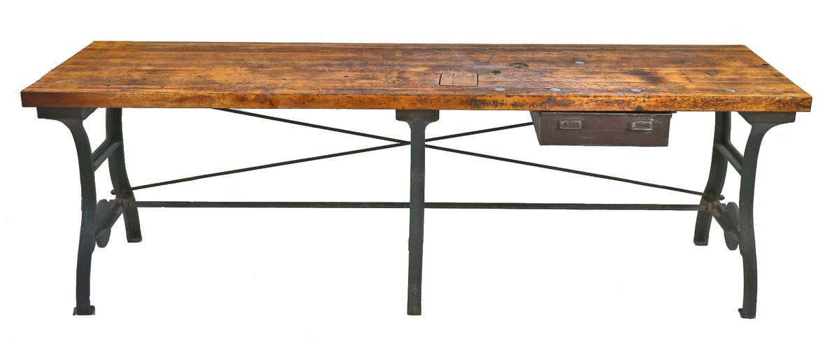 massive nine foot early 20th century antique american industrial chicago factory table with three matching cast iron legs and lightly refinished maple wood top