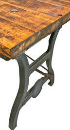 massive nine foot early 20th century antique american industrial chicago factory table with three matching cast iron legs and lightly refinished maple wood top