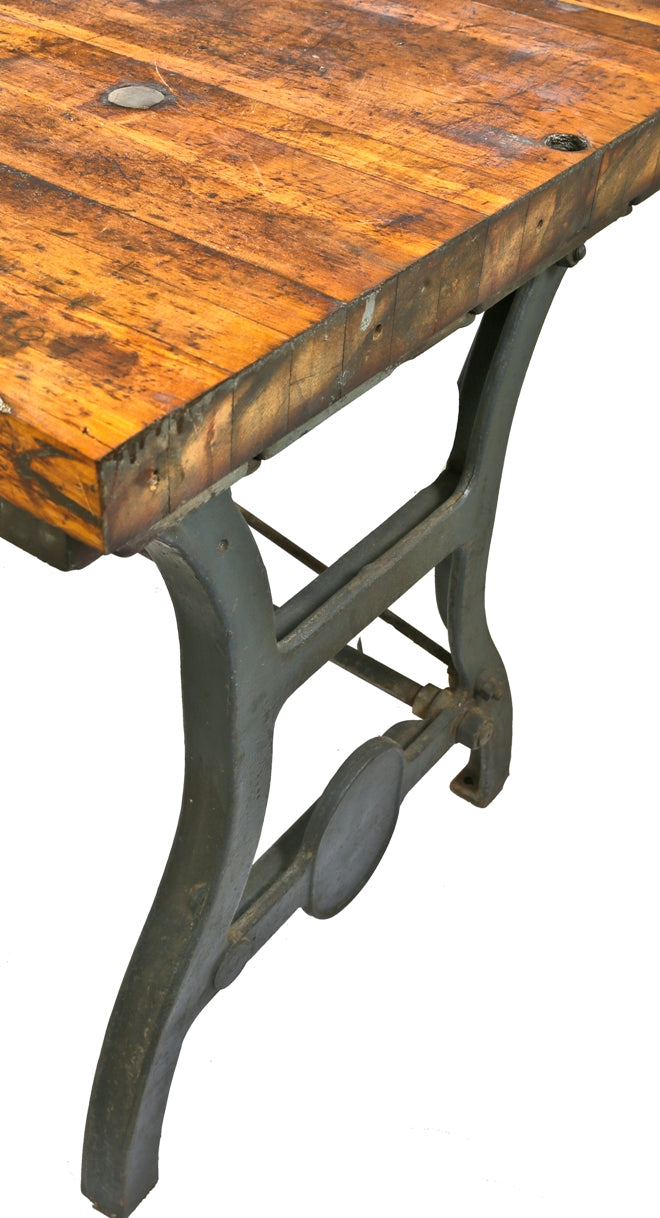 massive nine foot early 20th century antique american industrial chicago factory table with three matching cast iron legs and lightly refinished maple wood top