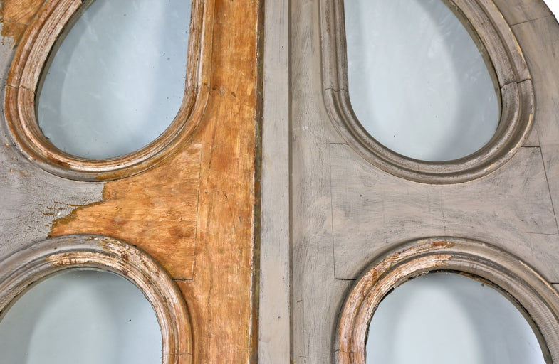 exceptional early 1870's all original oversized residential vestibule arch top entrance doors with built up molding and inverted "tear drop" glass panels