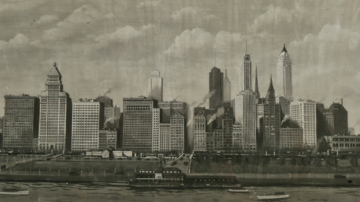 exceptional oversized c. 1927 downtown chicago skyline by artist william starbuck macy with original glass and black enameled frame