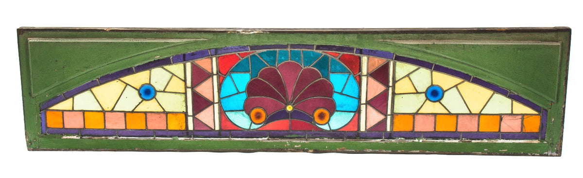 all original and highly desirable c. 1880's salvaged chicago oversized stained art glass residential transom window with original raised panel wood sash frame