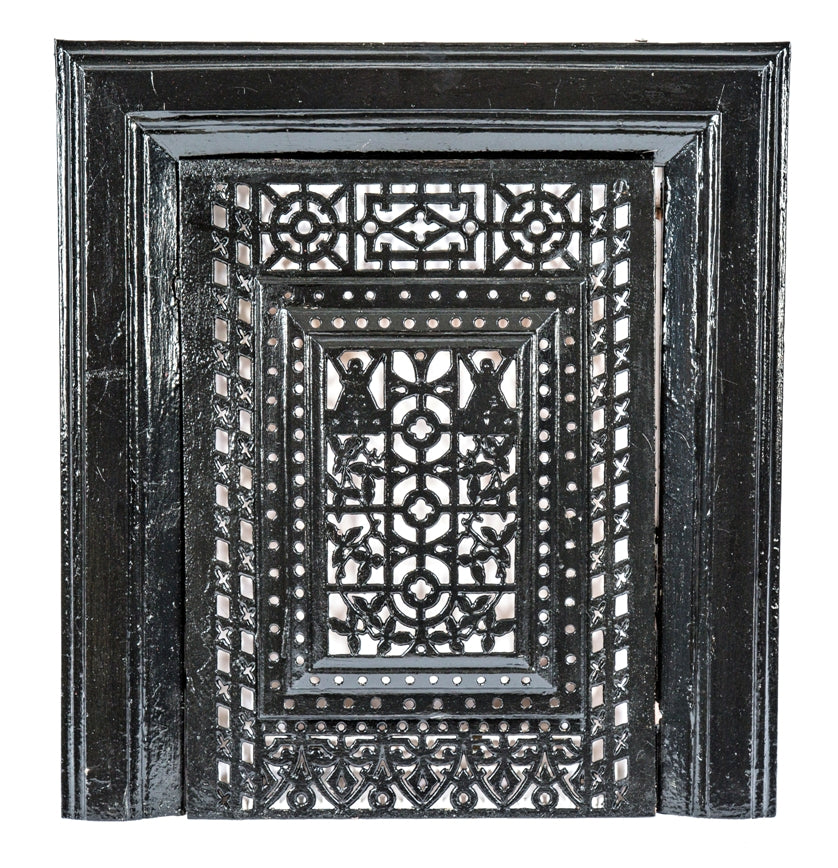 original and intact black enameled two-piece salvaged chicago interior residential fireplace detachable summer cover with matching suround