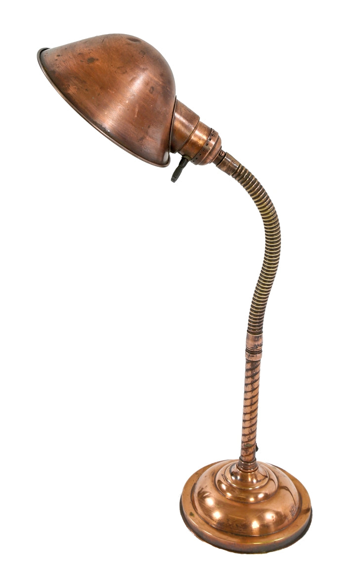 original early 20th century antique american industrial adjustable gooseneck faries tablelamp with rolled rim parabolic reflector and weighted base