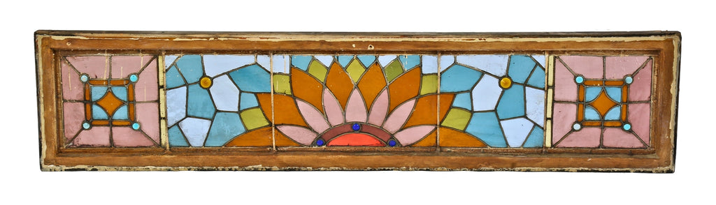 early 1880's original and intact oversized salvaged chicago stained glass transom window with original structurally sound sash frame