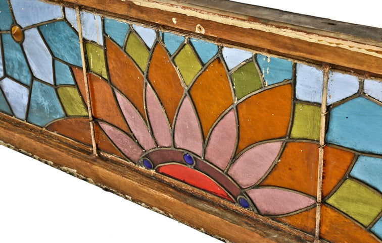 early 1880's original and intact oversized salvaged chicago stained glass transom window with original structurally sound sash frame