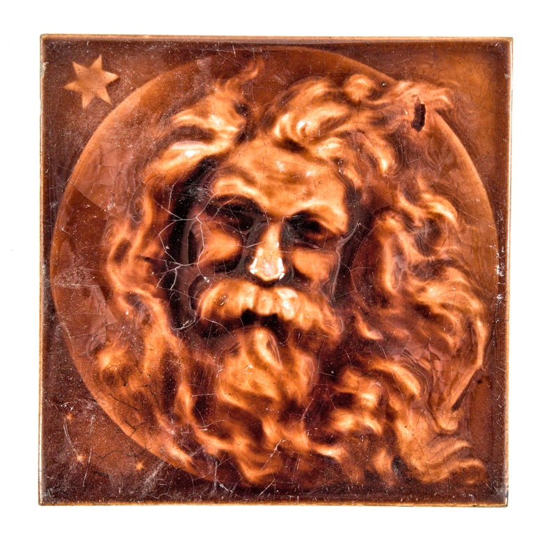 hard to find original and intact c. 1880's salvaged chicago reddish-brown majolica glazed figural tile featuring bearded man with six-pointed star