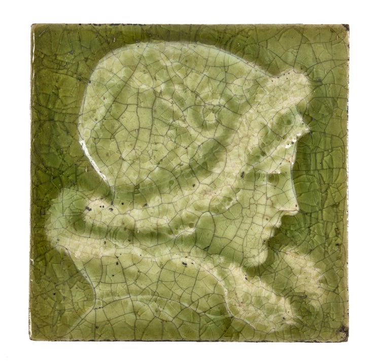 original 19th century antique american interior residential green majolica glazed victorian residential fireplace tile costumed woman