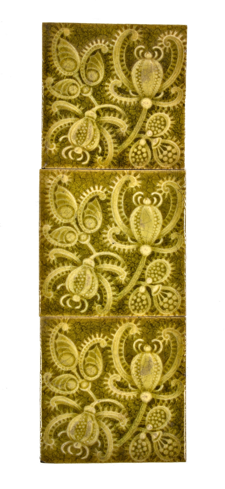 group of three original 19th century matching green majolica glazed residential fireplace tiles with allover dazzling floral motifs