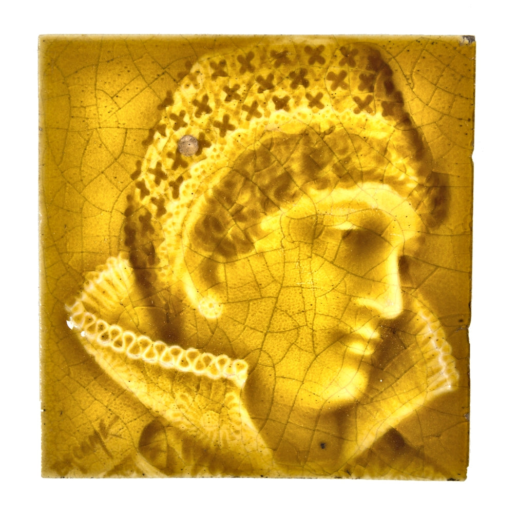 original 19th century antique american victorian era yellowish-green majolica glazed elizabethan costumed portrait or figural fireplace tile