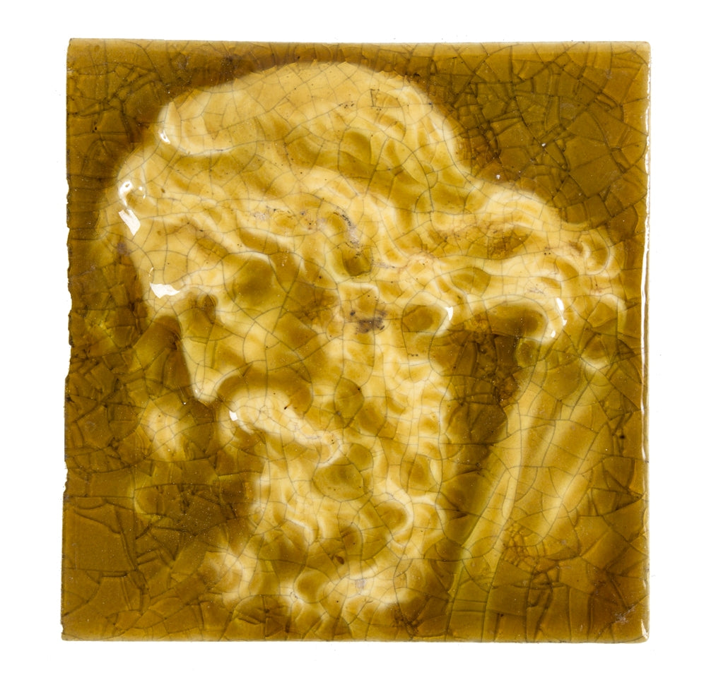 single 19th century heavily crazed 1880's american mottled light yellowish-green majolica glazed residential fireplace portrait tile depicting a bearded man