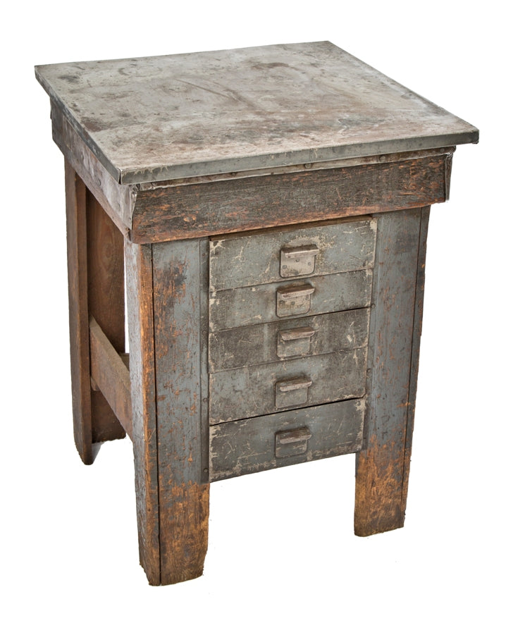 c. 1930's nicely worn and weathered antique american industrial multi-drawer wood and steel chicago factory storage cabinet with custom-built folded metal drawers