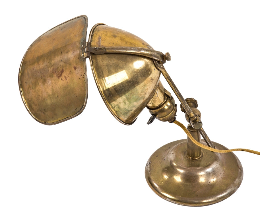 early american industrial fully adjustable polished brass "lyhne" portable desk or table lamp with bulbous socket housing and rotating reflector