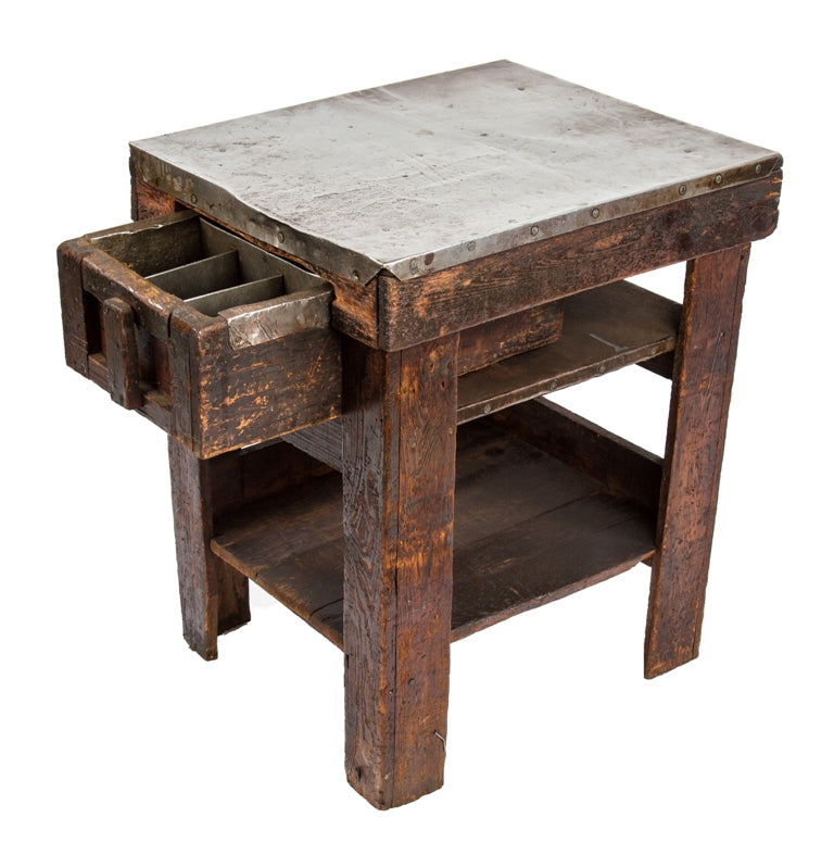 worn and weathered salvaged chicago depression era wood and metal four-legged industrial machine shop table with custom-built single sliding drawer