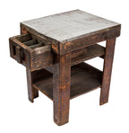 worn and weathered salvaged chicago depression era wood and metal four-legged industrial machine shop table with custom-built single sliding drawer