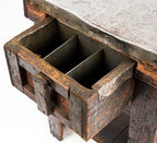 worn and weathered salvaged chicago depression era wood and metal four-legged industrial machine shop table with custom-built single sliding drawer